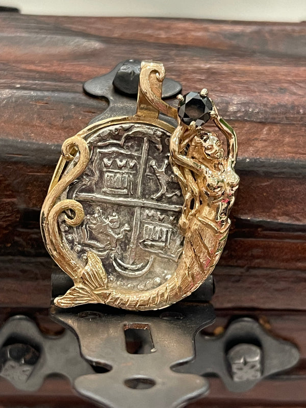 Atocha Shipwreck Treasure Mel fisher silver coin pendant in 14k solid gold mermaid bezel holding real black daimond