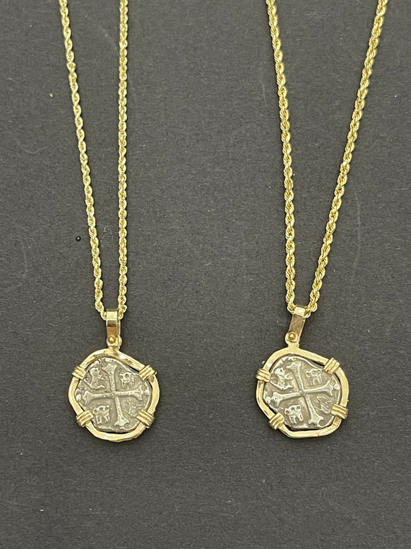 Atocha shipwreck treasure Mel fisher silver coin pendants in 14k solid gold bezel and 10k gold chains ( 2 pairs )