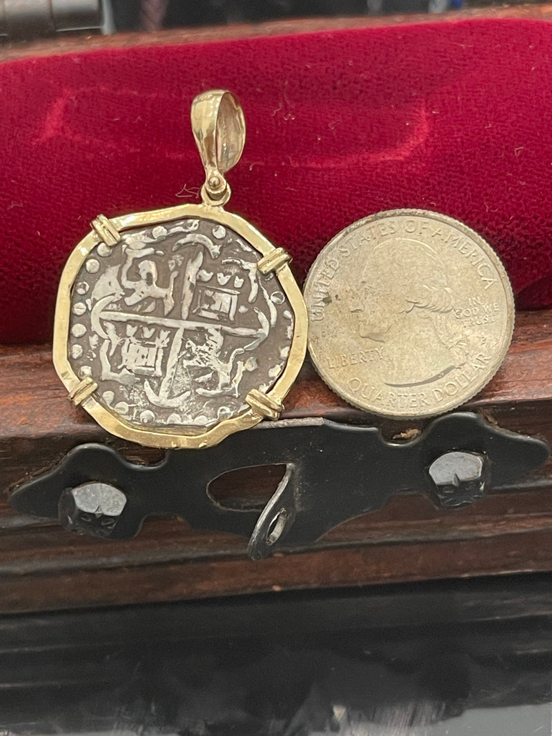 Atocha shipwreck treasure Mel fisher silver coin pendant in 14kt solid gold bezel   Made from atocha silver bars