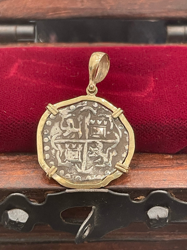 Atocha shipwreck treasure Mel fisher silver coin pendant in 14kt solid gold bezel