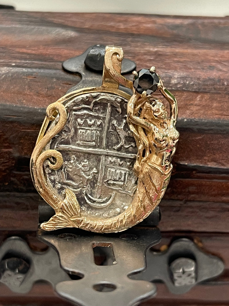 Atocha Shipwreck Treasure Mel fisher silver coin pendant in 14k solid gold mermaid bezel holding real black daimond