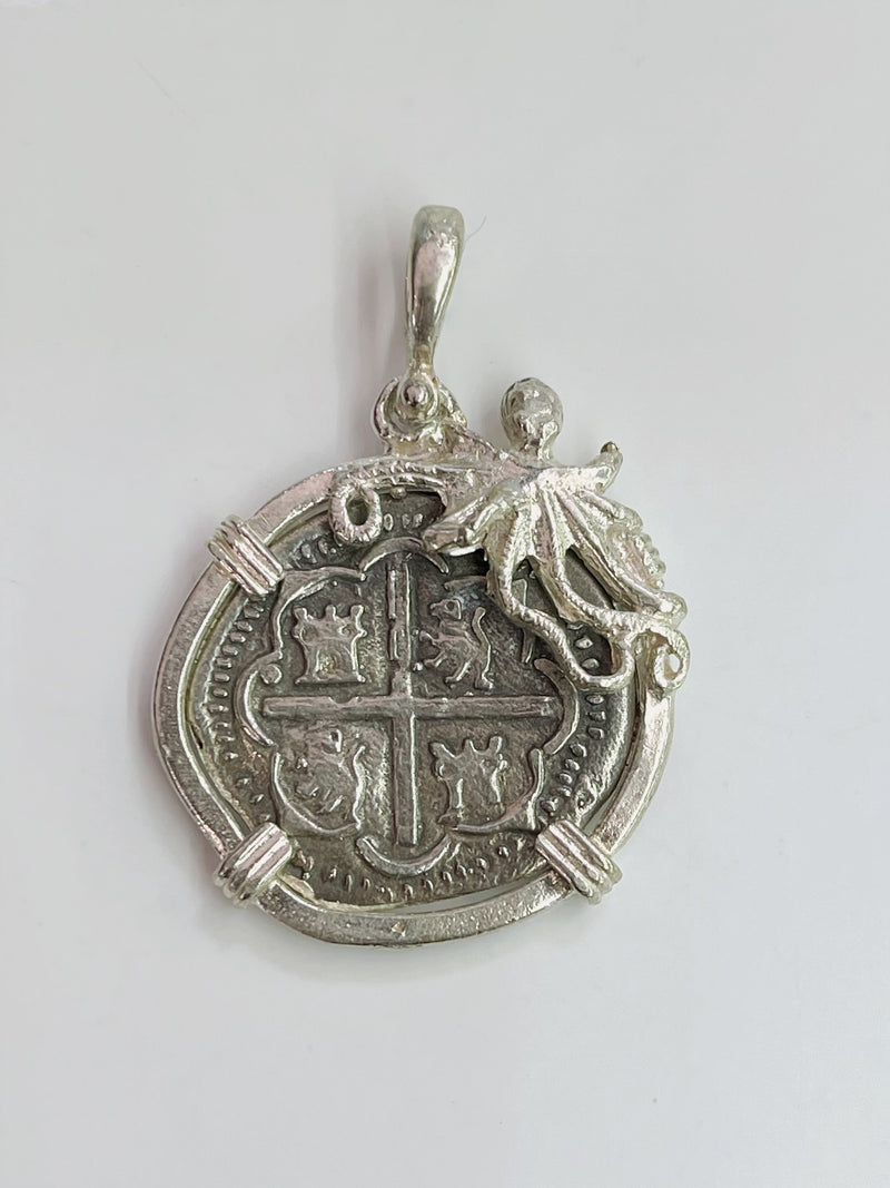 NUESTRA SENORA DE ATOCHA SILVER COIN PENDANT IN OCTOPUS BEZEL