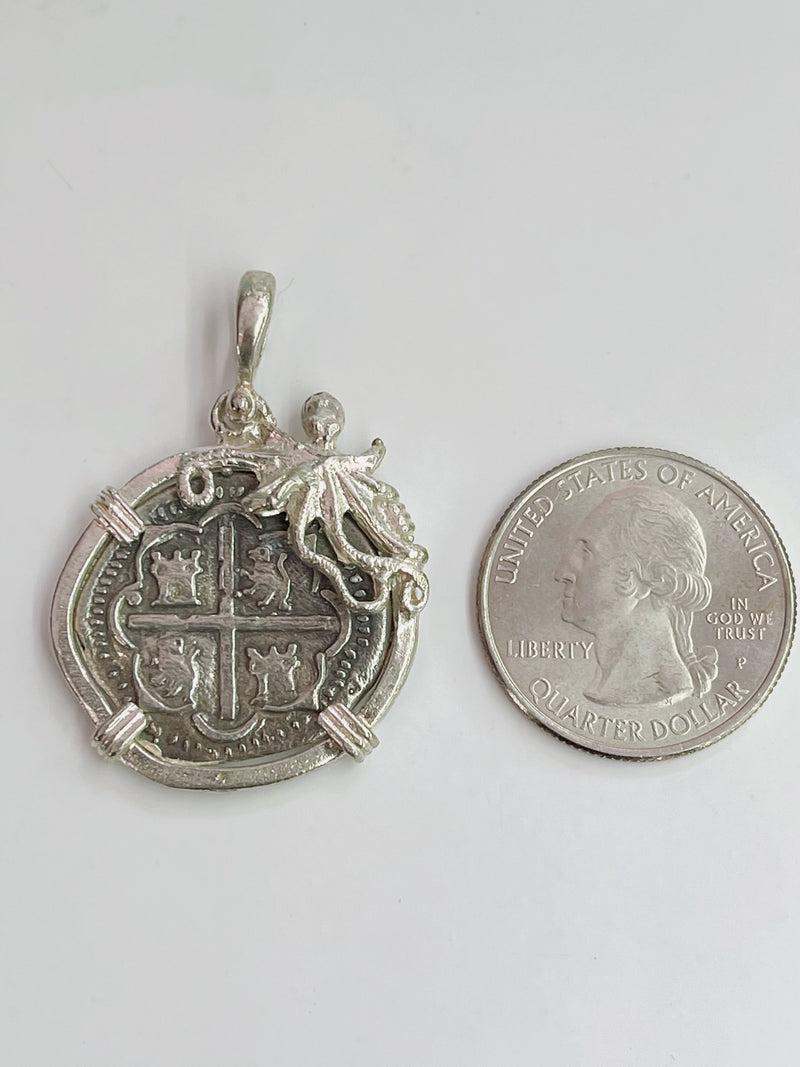 NUESTRA SENORA DE ATOCHA SILVER COIN PENDANT IN OCTOPUS BEZEL