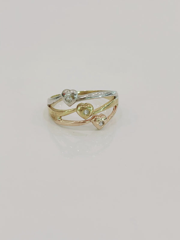 10KT GOLD TRIPLE 3 TONE HEART RING SIZE 7